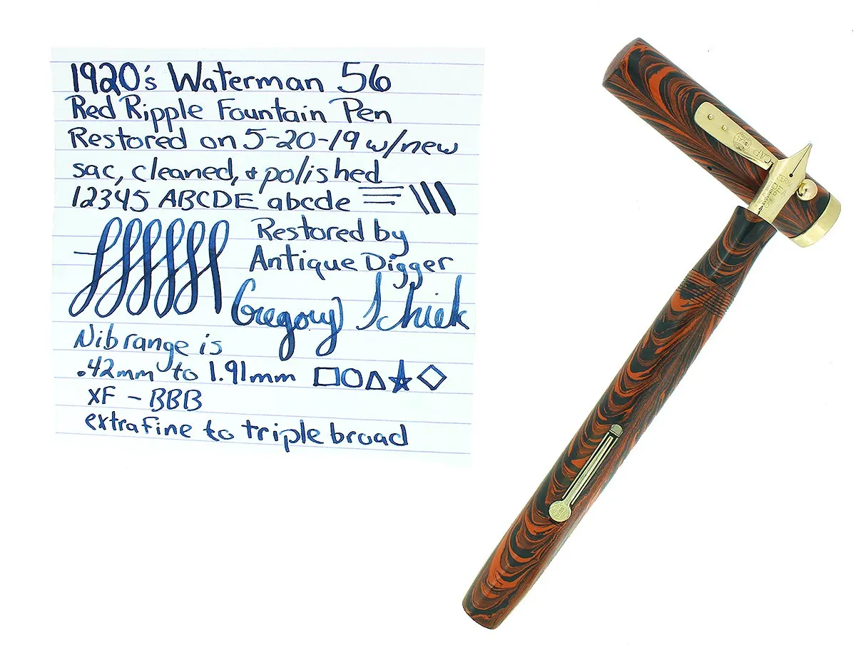 1920s WATERMAN #56 RED RIPPLE XF-BBB  FLEX NIB FOUNTAIN PEN RESTORED