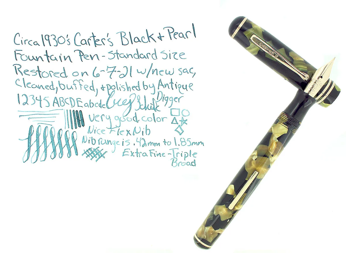 1930S CARTER'S STREAMLINE BLACK & PEARL FOUNTAIN PEN XF TO BBB FLEX NIB RESTORED