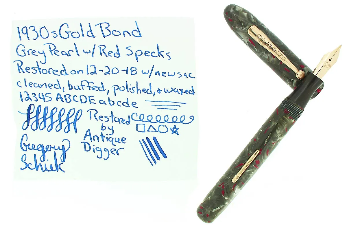 1930s GOLD BOND GREY PEARL FOUNTAIN PEN F-BB SEMI-FLEX NIB RESTORED