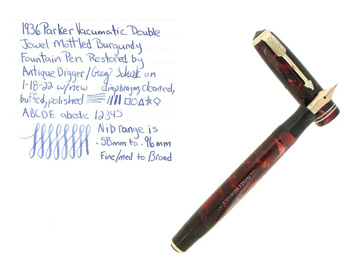 1936 PARKER VACUMATIC MOTTLED BURGUNDY DOUBLE JEWEL FOUNTAIN PEN RESTORED