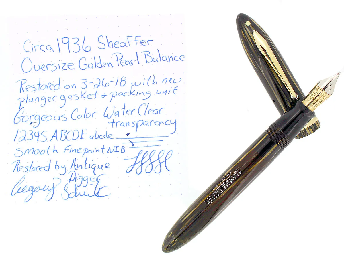 1936 SHEAFFER OVERSIZE GOLDEN PEARL BALANCE FOUNTAIN PEN RESTORED CONDITION