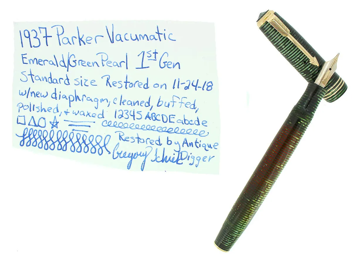 1937 PARKER EMERALD PEARL STANDARD VACUMATIC FOUNTAIN PEN CLEAN TRIM RESTORED