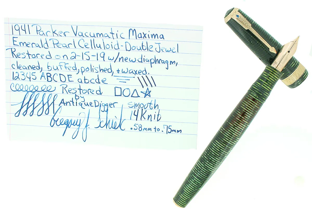 1939 PARKER EMERALD PEARL SENIOR MAXIMA VACUMATIC DJ FOUNTAIN PEN RESTORED