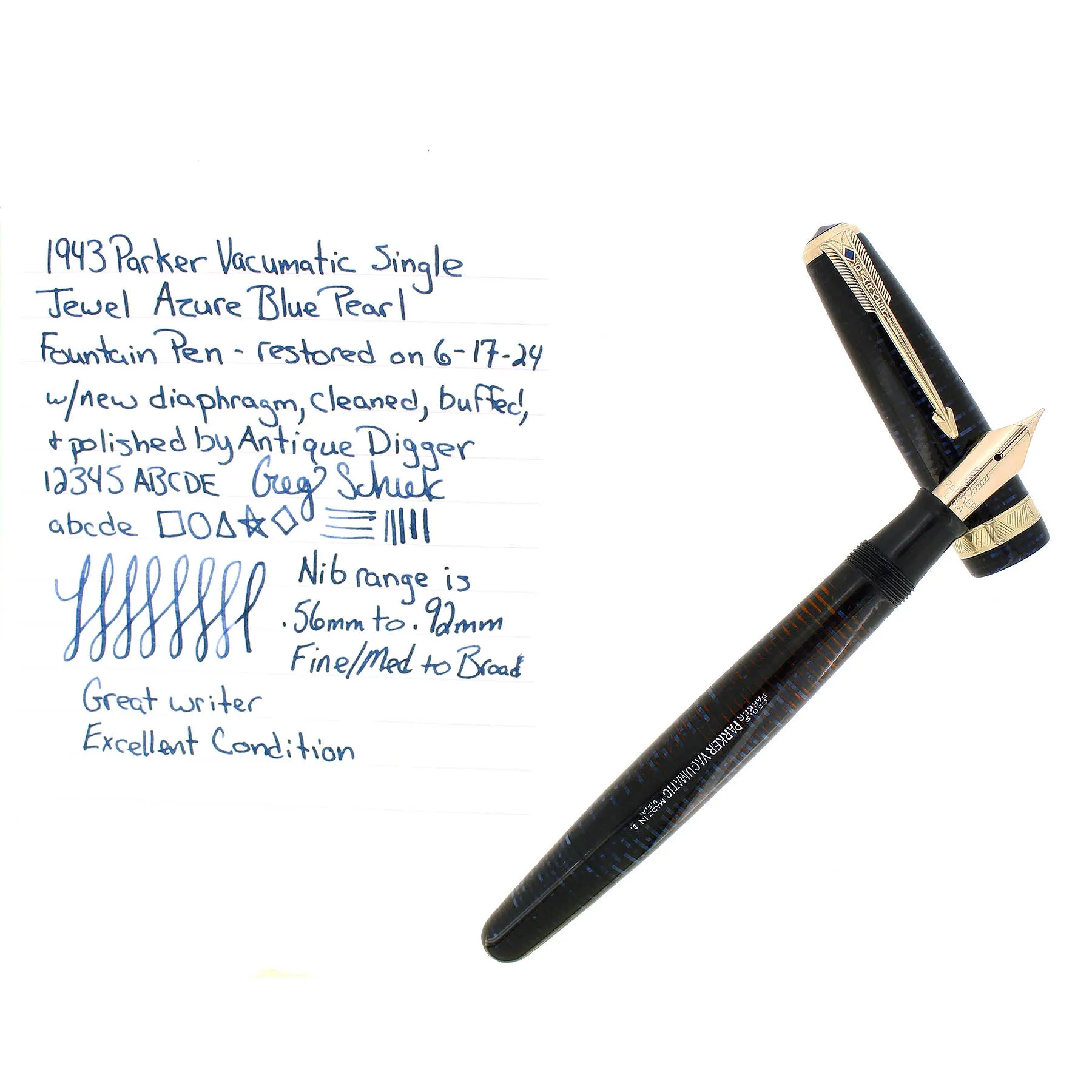1943 PARKER VACUMATIC AZURE PEARL SINGLE JEWEL MAJOR FOUNTAIN PEN RESTORED