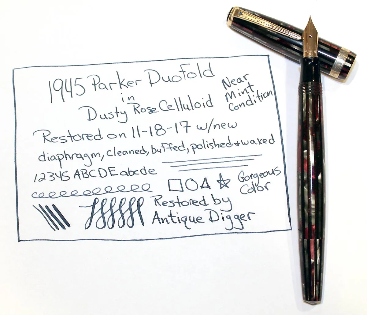 1945 PARKER STRIPED SENIOR DUOFOLD DUSTY ROSE CELLULOID FOUNTAIN PEN RESTORED