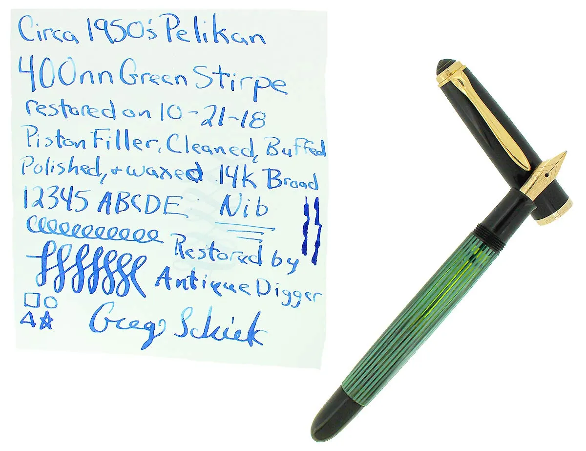 1950s PELIKAN 400NN FOUNTAIN PEN GREEN STRIATED CELLULOID B-BBB NIB RESTORED