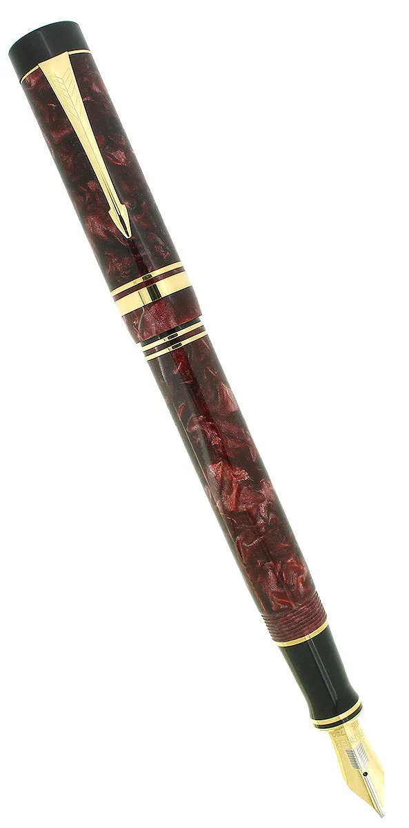 1990 PARKER DUOFOLD CENTENNIAL RED MARBLED 18K EXTRA BROAD OBLIQUE RIGHT HAND NIB FOUNTAIN PEN