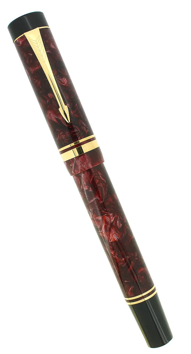 1990 PARKER DUOFOLD CENTENNIAL RED MARBLED 18K EXTRA BROAD OBLIQUE RIGHT HAND NIB FOUNTAIN PEN