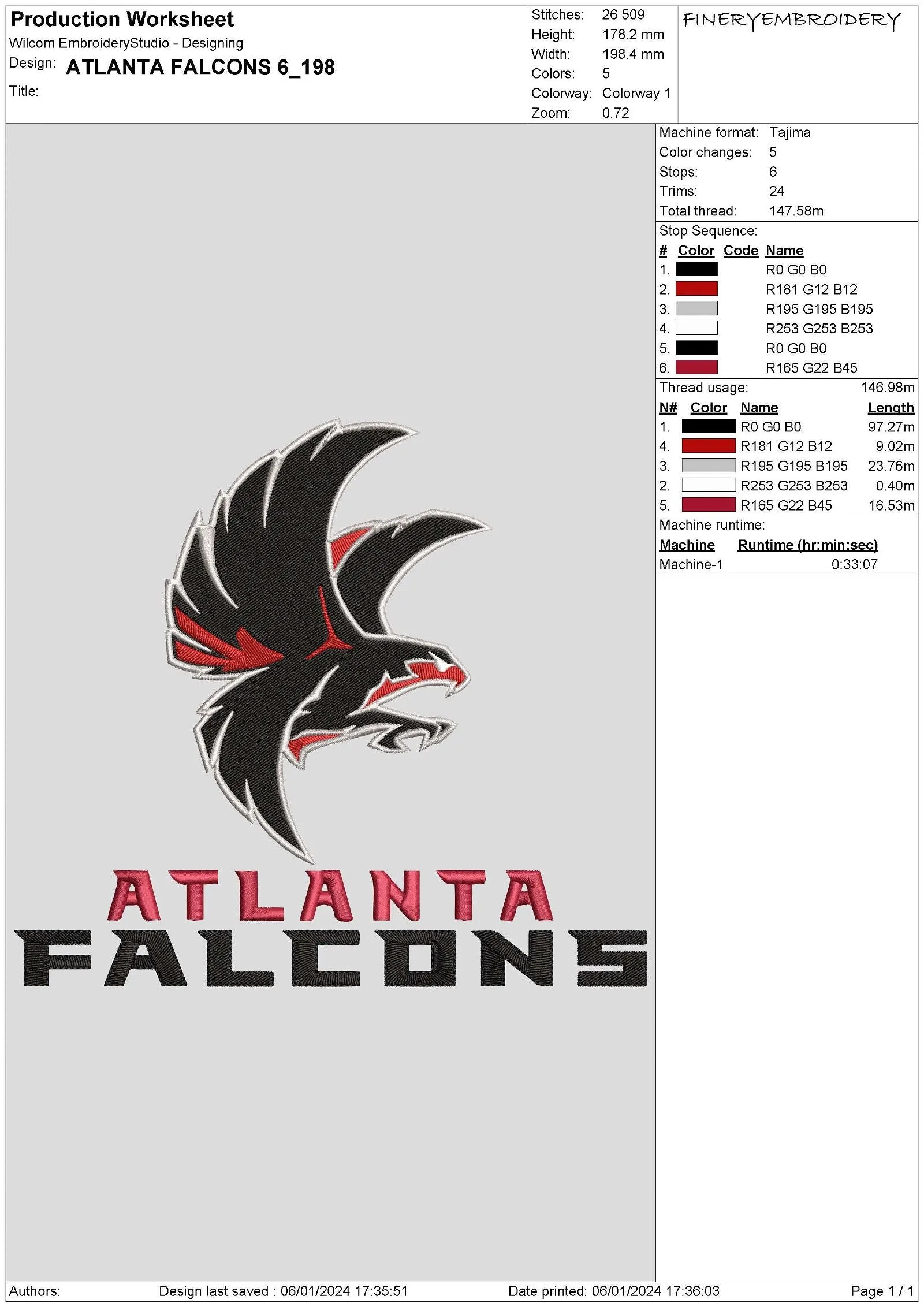 Atlanta Falcons 6 : Embroidery Design