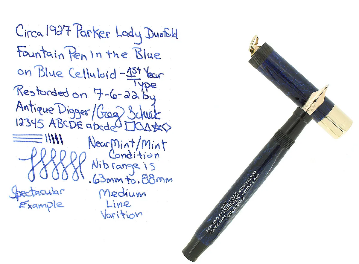 C1927 1ST YEAR PARKER LUCKY CURVE DUOFOLD LAPIS BLUE ON BLUE FOUNTAIN PEN RESTORED