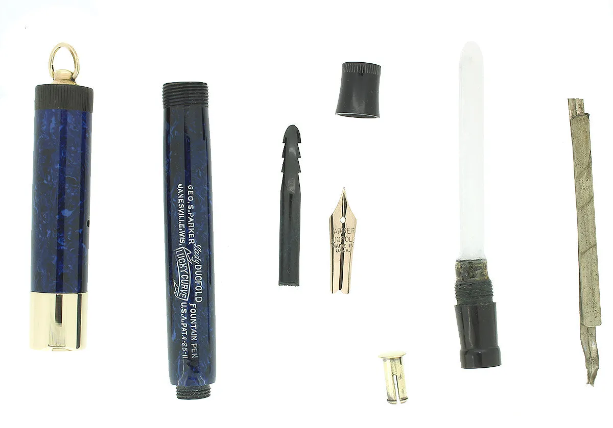 C1927 1ST YEAR PARKER LUCKY CURVE DUOFOLD LAPIS BLUE ON BLUE FOUNTAIN PEN RESTORED
