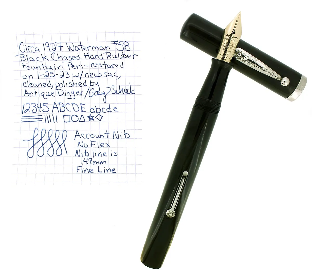 C1927 WATERMAN 58 BLACK CHASED HARD RUBBER FINE NIB FOUNTAIN PEN RESTORED