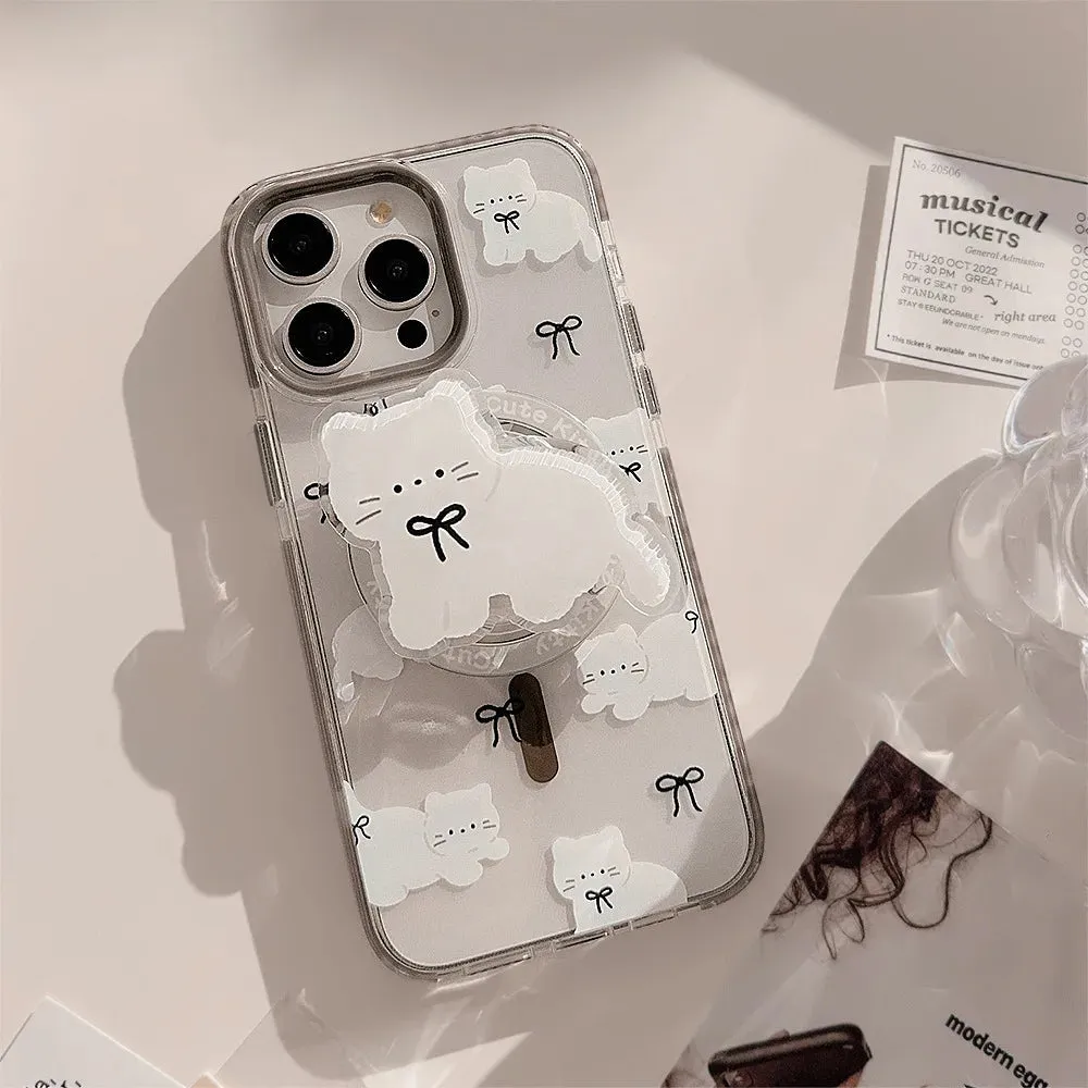 Cute Adorable White Cat Magnetic Holder Stand MagSafe Phone Case for iPhone