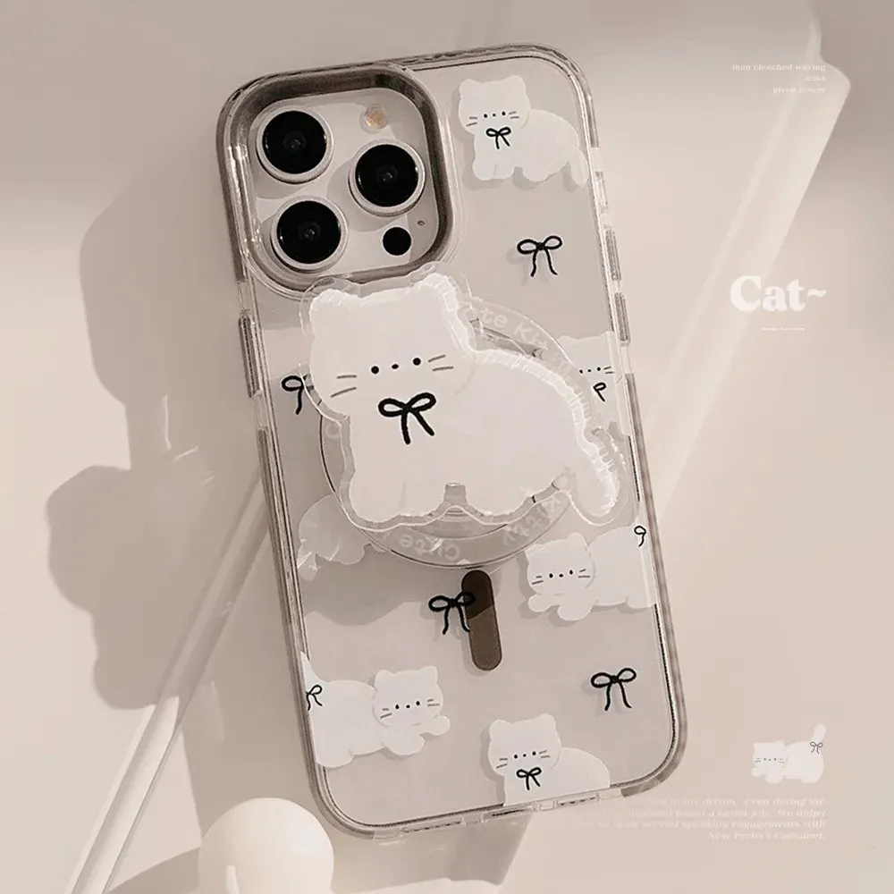 Cute Adorable White Cat Magnetic Holder Stand MagSafe Phone Case for iPhone
