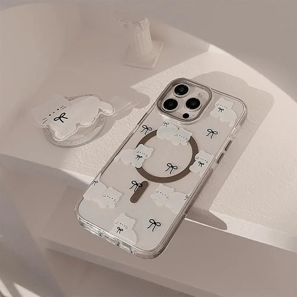 Cute Adorable White Cat Magnetic Holder Stand MagSafe Phone Case for iPhone