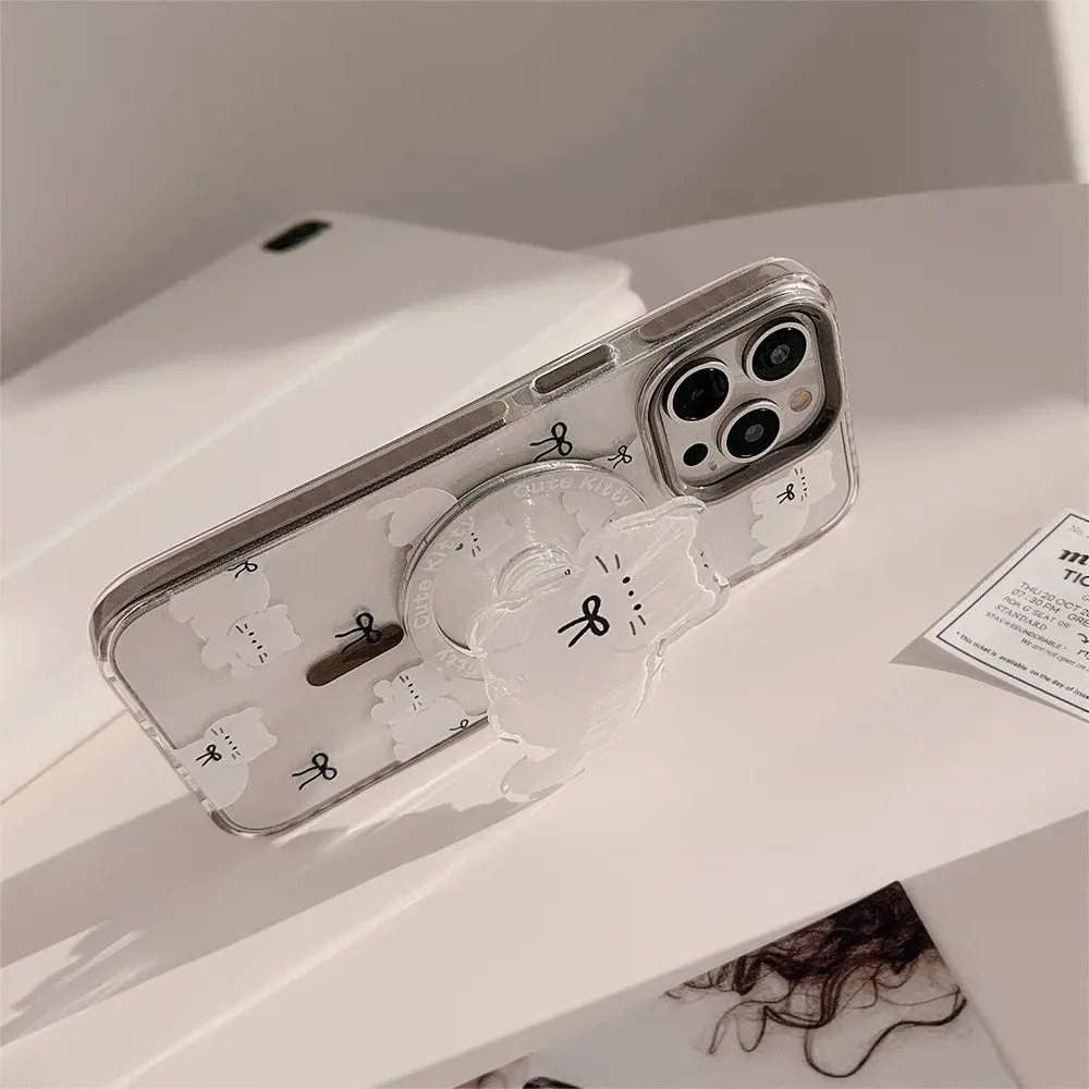 Cute Adorable White Cat Magnetic Holder Stand MagSafe Phone Case for iPhone