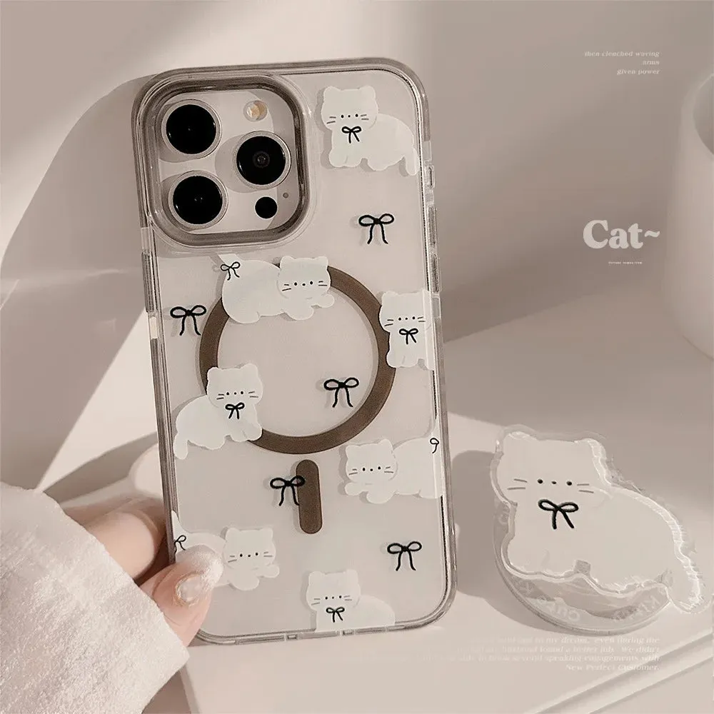 Cute Adorable White Cat Magnetic Holder Stand MagSafe Phone Case for iPhone