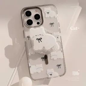 Cute Adorable White Cat Magnetic Holder Stand MagSafe Phone Case for iPhone