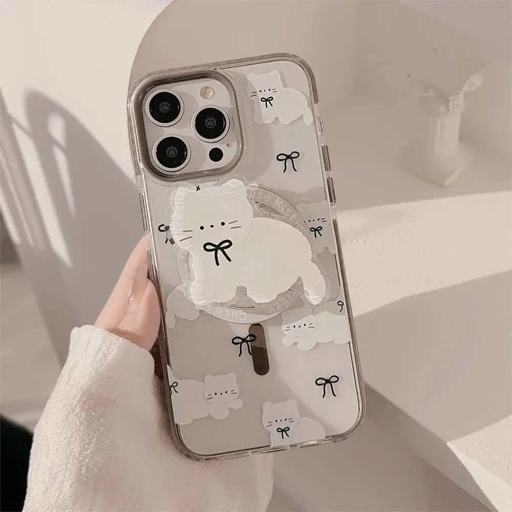 Cute Adorable White Cat Magnetic Holder Stand MagSafe Phone Case for iPhone