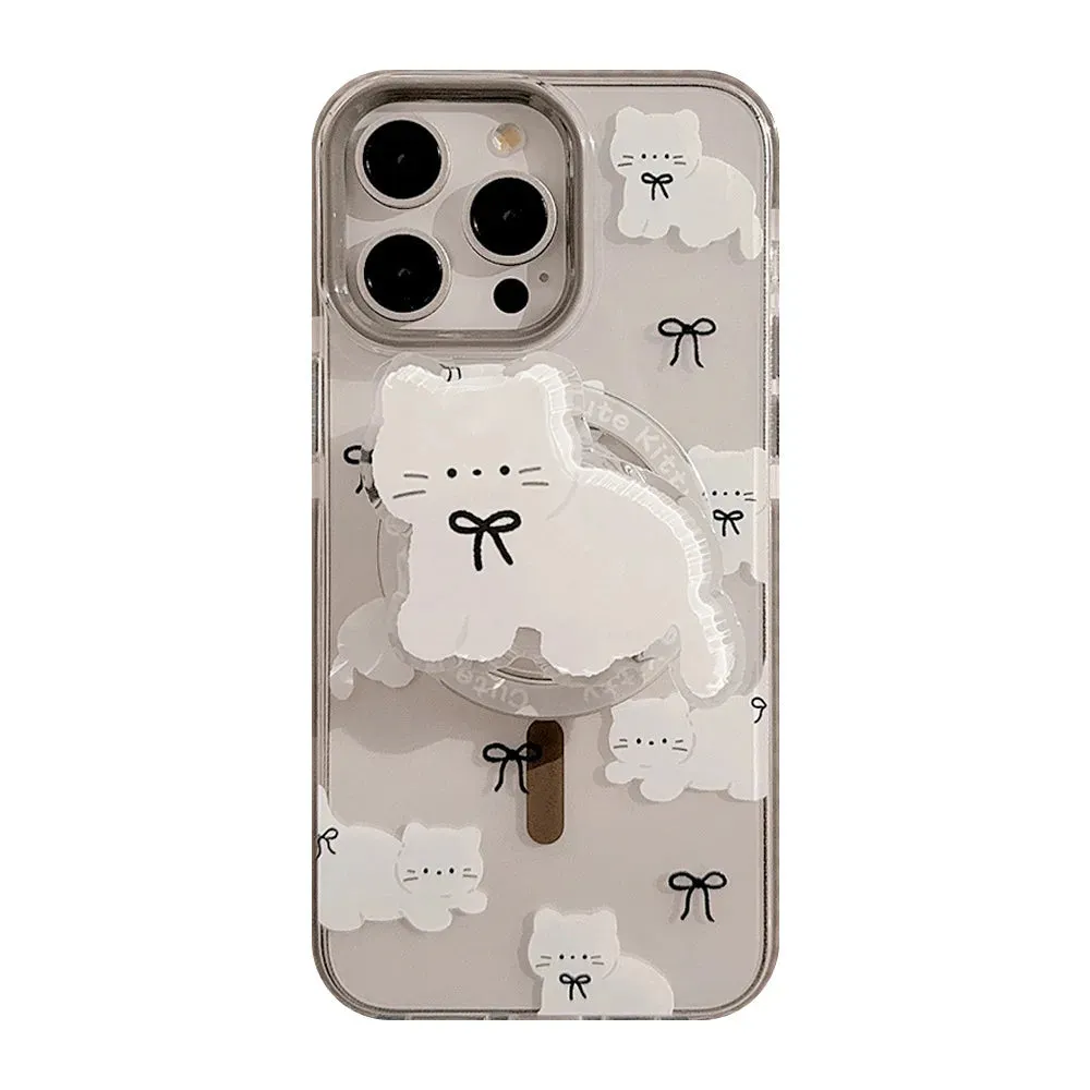 Cute Adorable White Cat Magnetic Holder Stand MagSafe Phone Case for iPhone