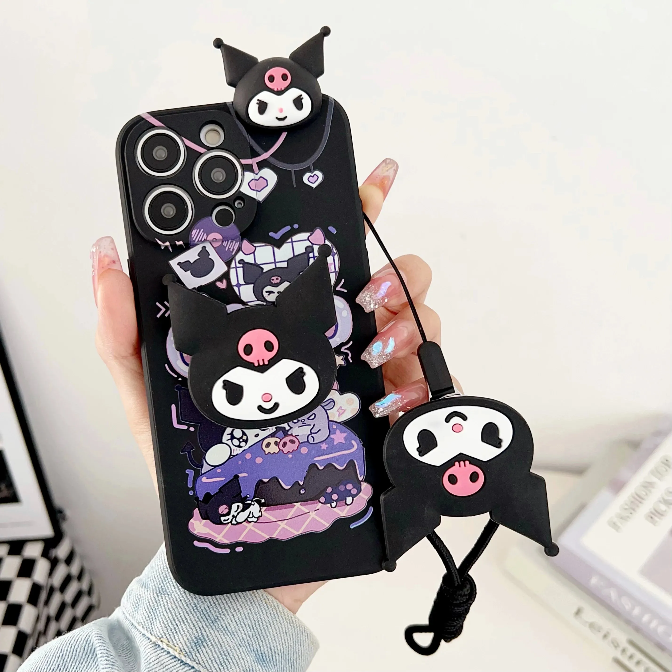 Cute Kuromi iPhone Case with Handy Holder And Strap