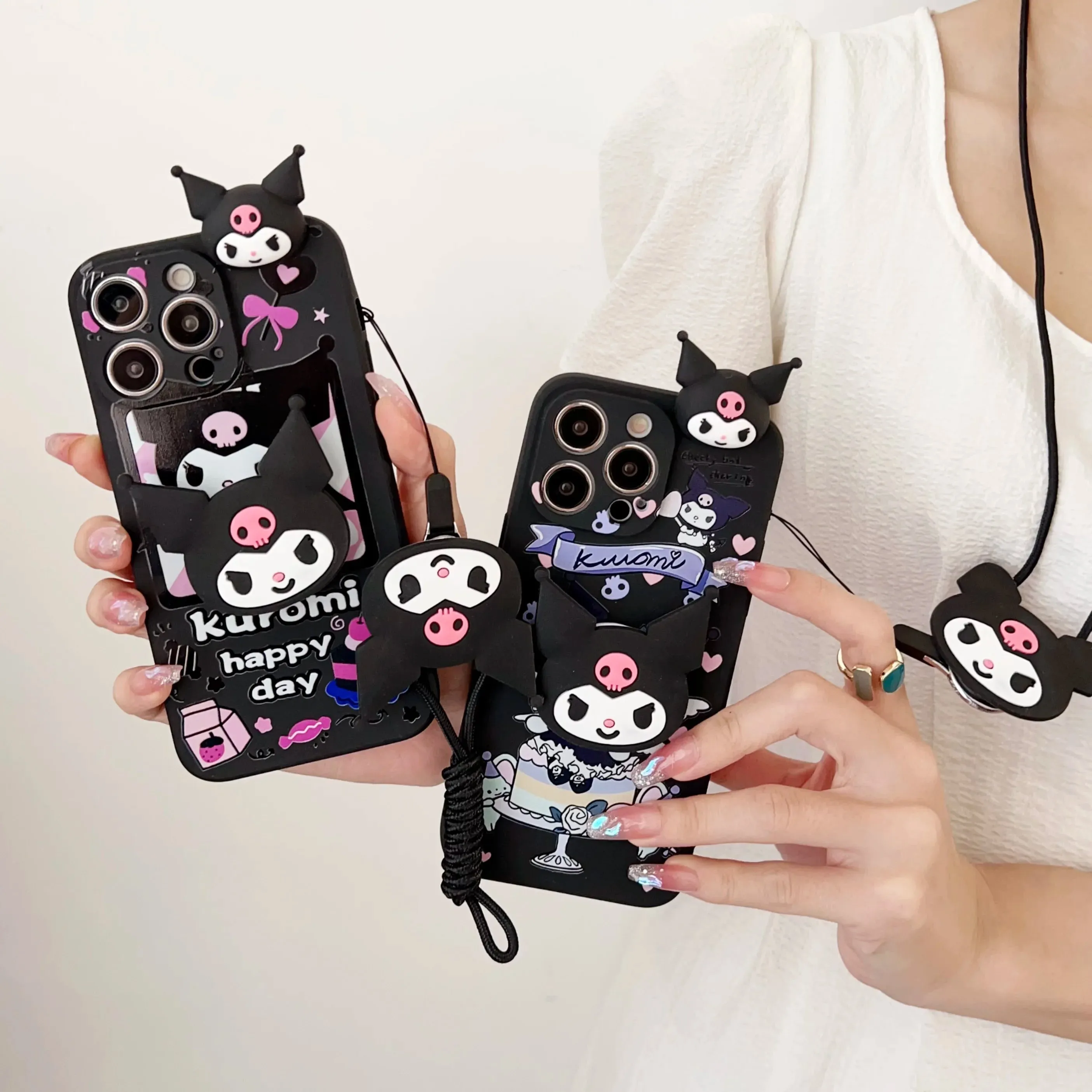 Cute Kuromi iPhone Case with Handy Holder And Strap