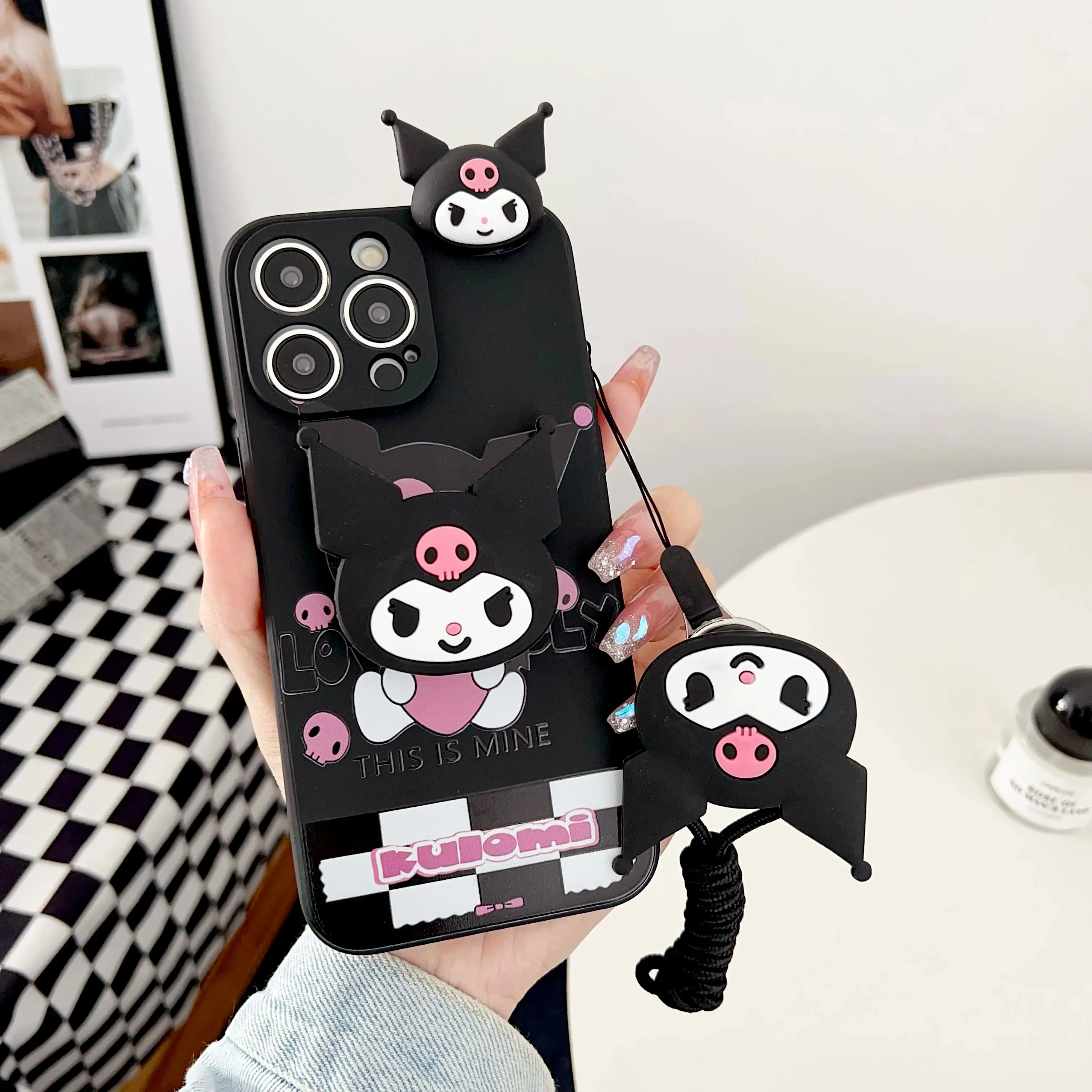 Cute Kuromi iPhone Case with Handy Holder And Strap