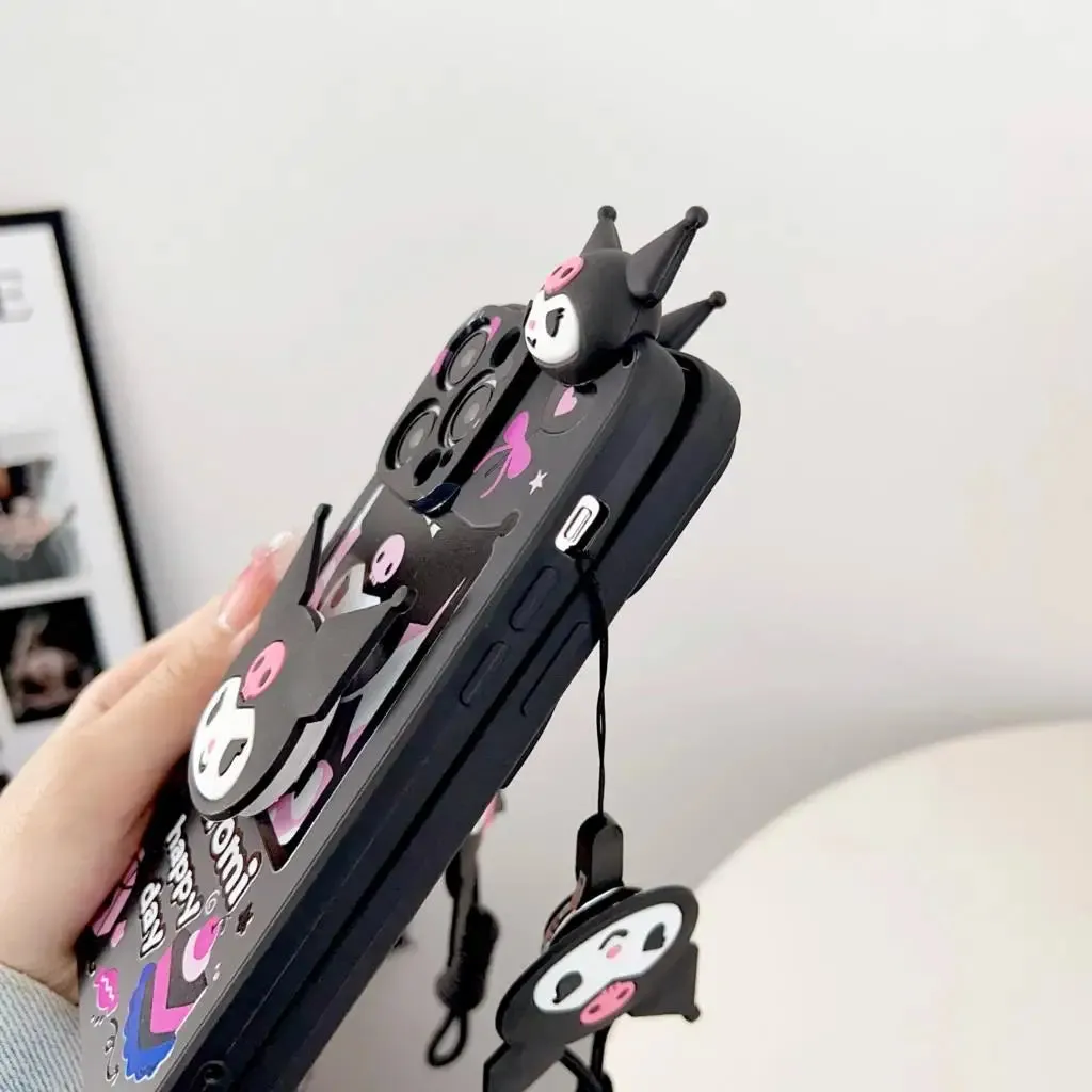 Cute Kuromi iPhone Case with Handy Holder And Strap
