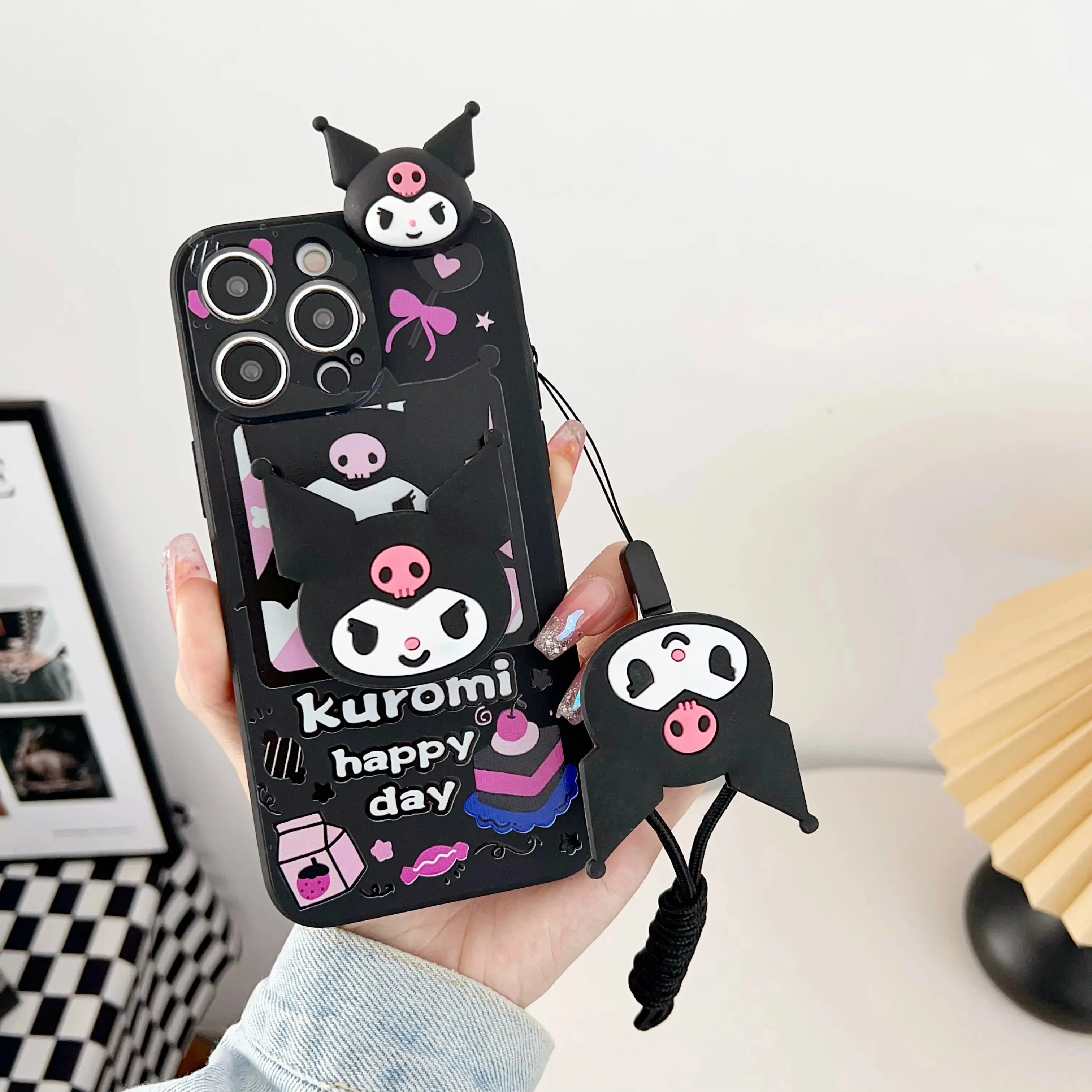 Cute Kuromi iPhone Case with Handy Holder And Strap