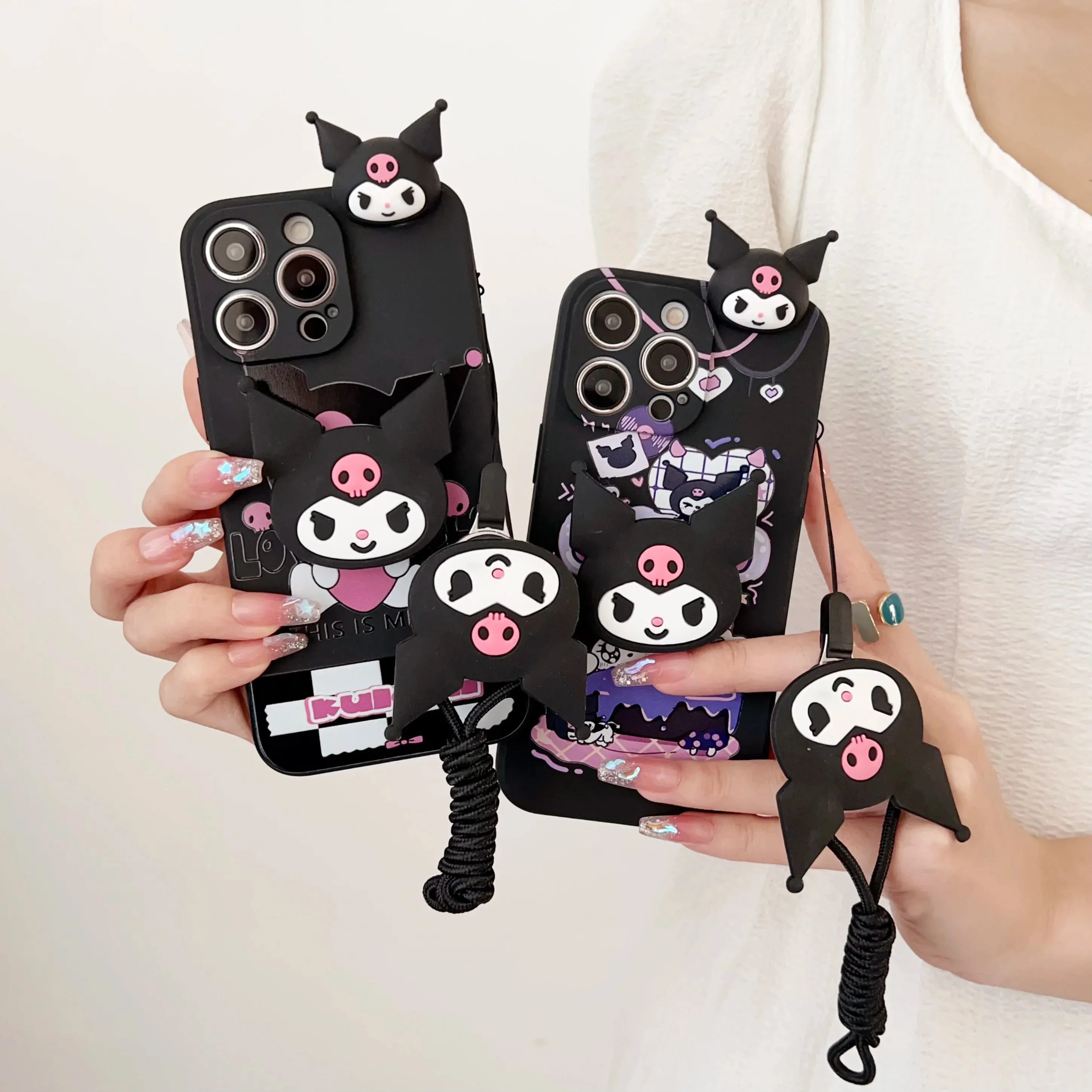 Cute Kuromi iPhone Case with Handy Holder And Strap