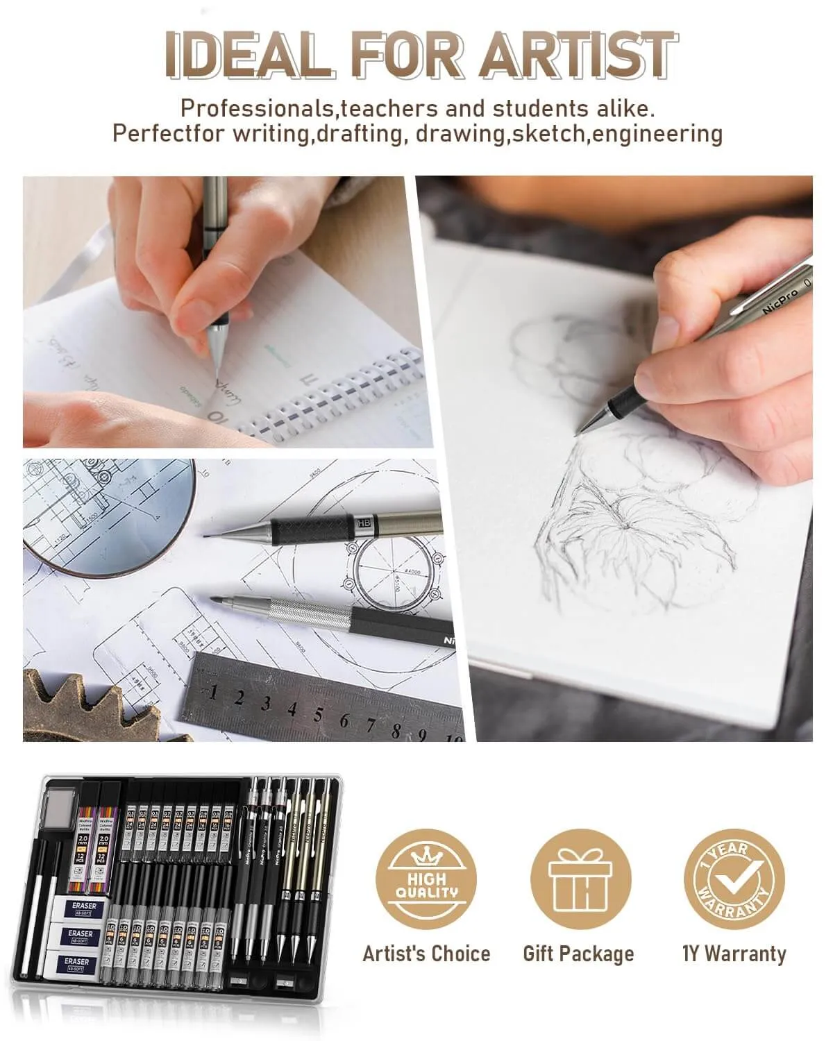 Drawing & Sketching Essentials: 35-Piece Mechanical Pencil Set with Leads and Refills Case (Black)