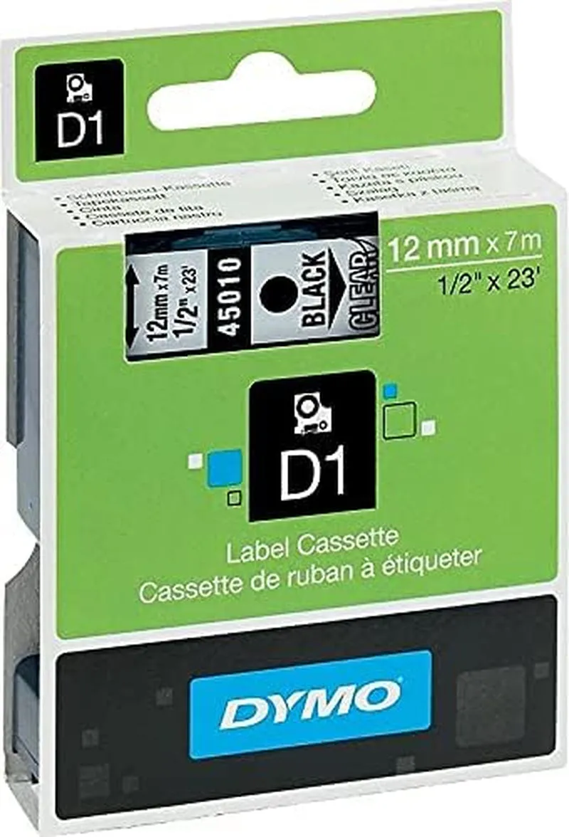 Dymo, 45010, Tape, Black/Clear, 23 Ft. L, 1/2 In. W