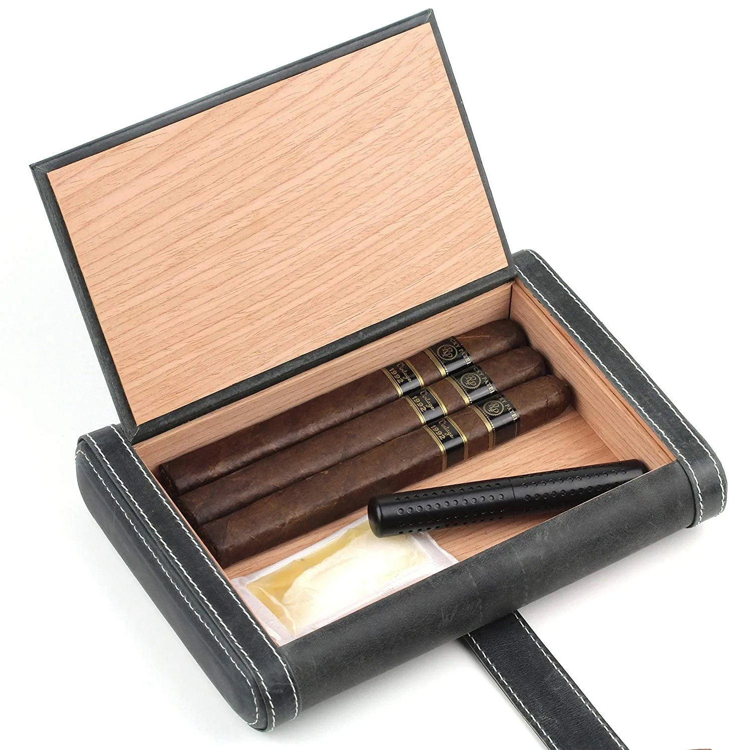 Leather Cigar Humidor Slim Box Cedar Wood for Travel or Desktop - Diesel Leather - [Slate Black]