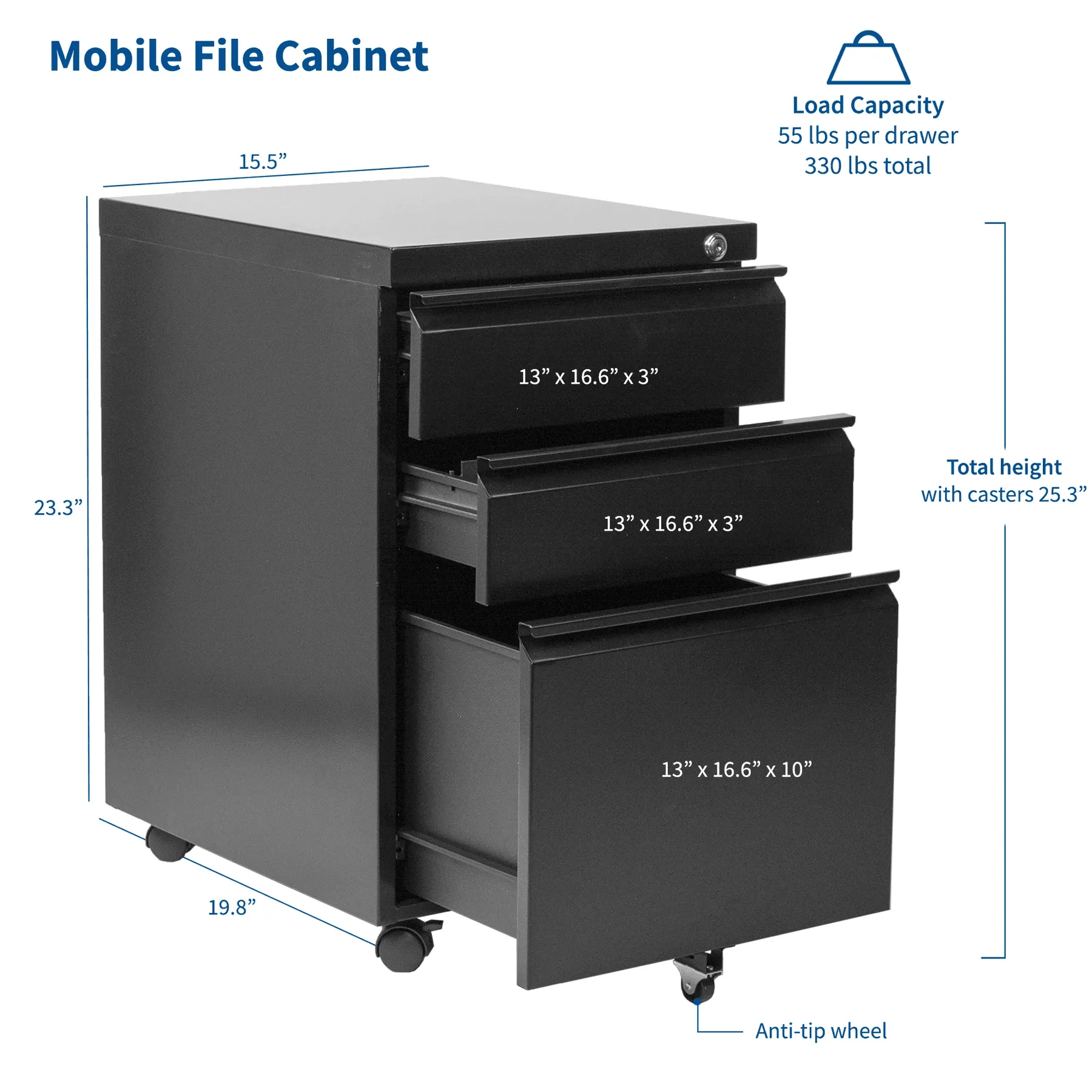 VIVO Black Mobile File Cabinet Cart, FILE-MB01B