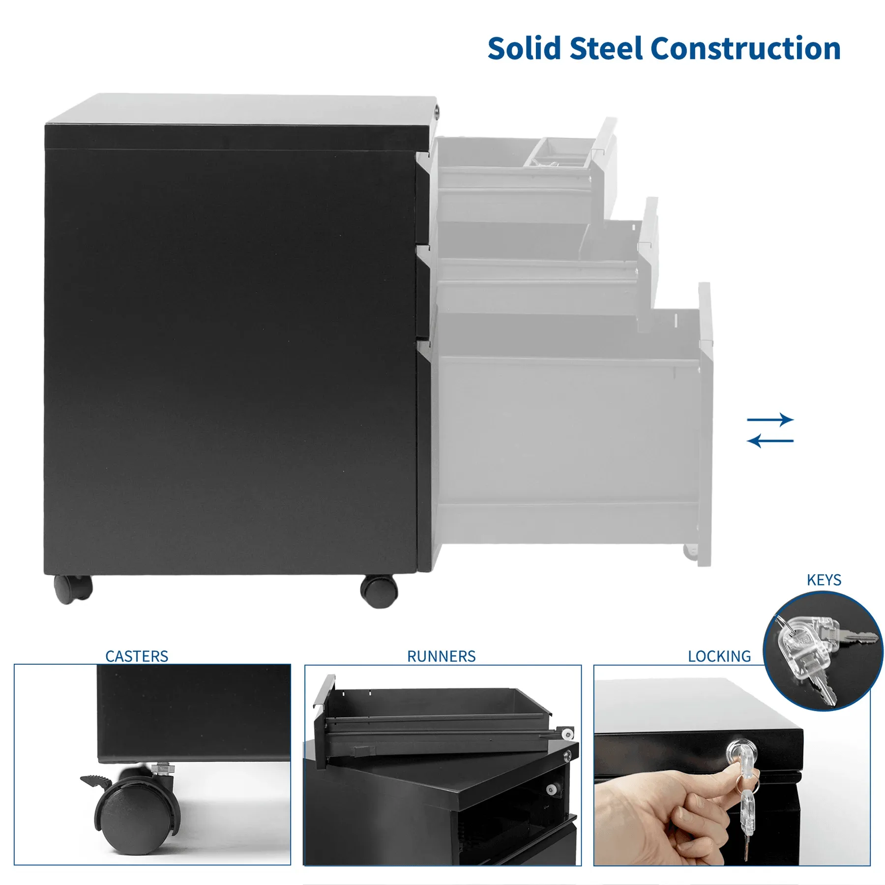 VIVO Black Mobile File Cabinet Cart, FILE-MB01B